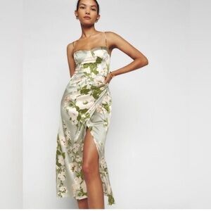 Reformation Marguerite Floral Green Silk Midi Dress 14